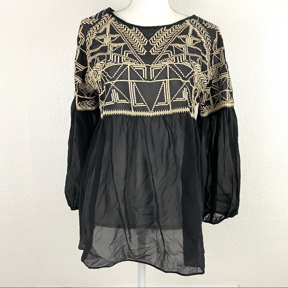 Sundance Large Silk Blouse Sheer Black Embroidered Career Geometric Ruffle